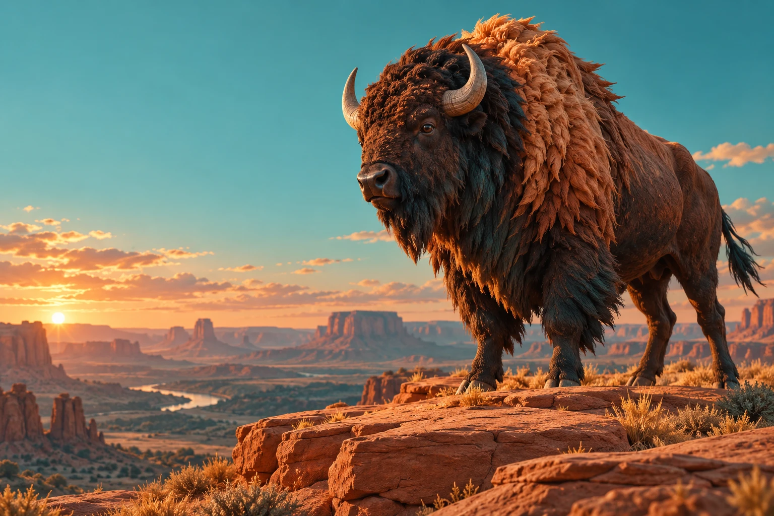 Sculptural American bison standing on a sunlit sandstone plateau.