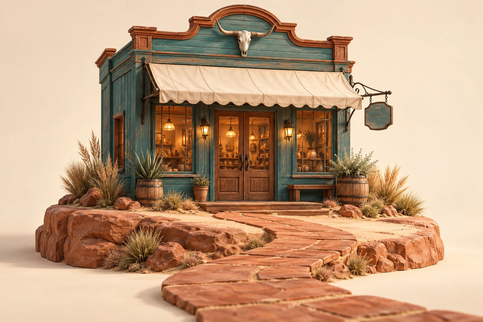Dimensional miniature of a welcoming western storefront, connected to a winding path.